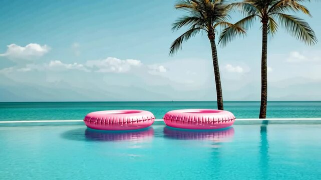 Relaxing summer day by the pool with pink floaties and palm trees near the beach