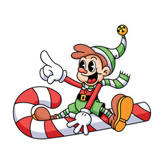 Vector Retro Cartoon Christmas Elf Candy Cane Character Groovy Illustration Isolated