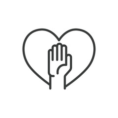 Charity hand in heart icon in line design. Charity, hand, heart, giving, love, care, support on white background vector. Charity hand in heart editable stroke icon