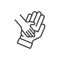 Obraz premium Little hand on big hand icon in line design. Arm, little, big, support, care, protection, nurturing on white background vector. Little hand on big hand editable stroke icon