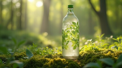 A biodegradable bottle made from biomass material, set in a natural environment, ultra-detailed, eco-friendly packaging design 