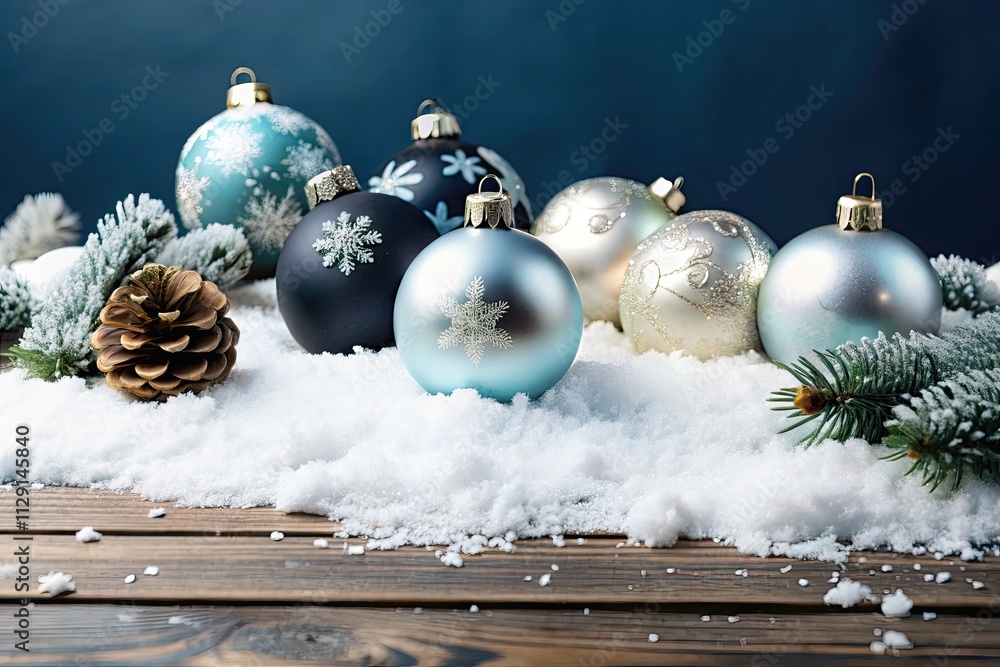 Poster holiday decorations spread across a snowy surface with elegant ornaments and a pinecone creating a f