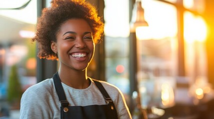 smiling barista in a cozy cafe during sunset