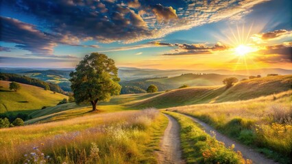 Fototapeta premium A Winding Dirt Road Through Rolling Hills With A Golden Sunset And Lush Green Foliage