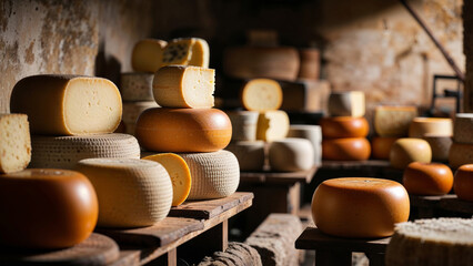 Cheese varieties arranged on wooden shelves in rustic cellar