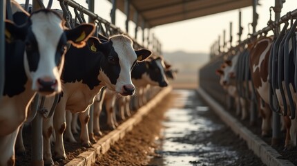 Cows waiting calmly in a holding area before milking, with space to move and access to fresh water, photo-realistic, reducing stress in dairy processes