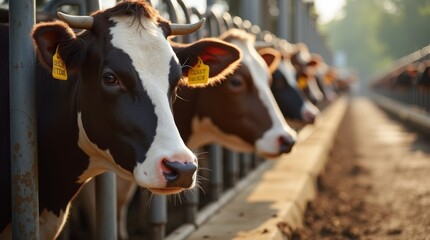 Cows waiting calmly in a holding area before milking, with space to move and access to fresh water, photo-realistic, reducing stress in dairy processes