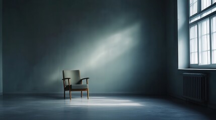 empty room with a single chair positioned to the side. Soft light fills the space, highlighting the simplicity and giving the scene a quiet, reflective quality