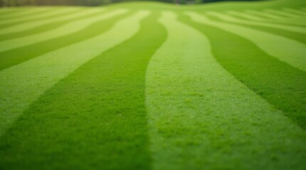 A close-up view of a mowed turf golf course, showcasing the perfectly manicured grass and neat stripes that define the fairways. 