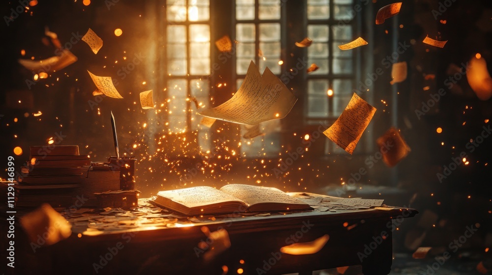 Poster a mystical scene with an open book surrounded by floating pages and warm, glowing light.