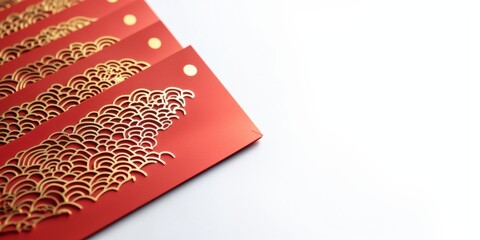 Close-up of Chinese red envelopes with a minimalist design, featuring gold perforated patterns inspired by traditional Chinese clouds, white background, space for text, Chinese New Year promotions.