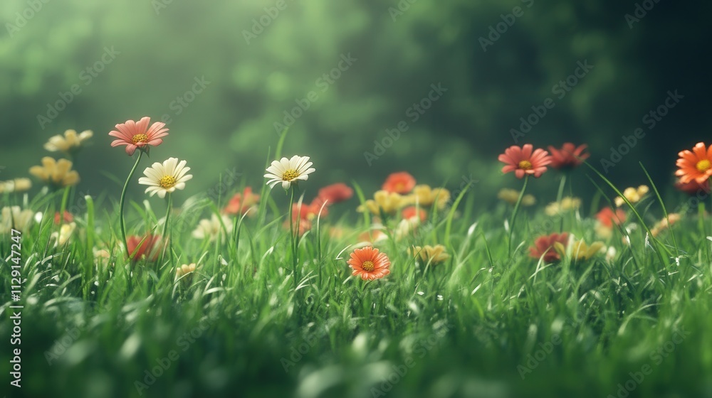 Aufkleber a beautiful array of flowers rises from the green grass, each one adding a splash of color to the sc