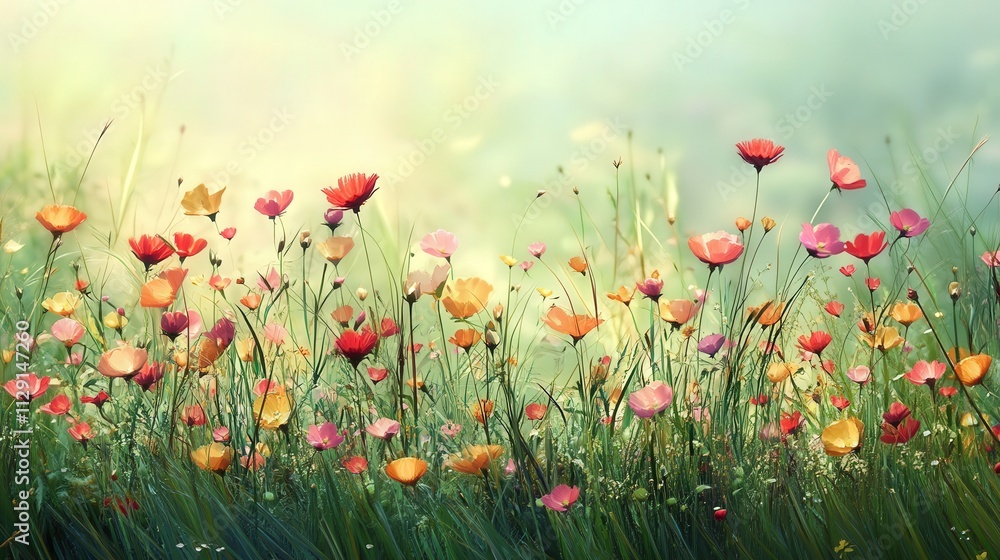 Poster a beautiful array of flowers rises from the green grass, each one adding a splash of color to the sc