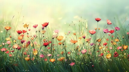 Fototapeta premium A beautiful array of flowers rises from the green grass, each one adding a splash of color to the scene.