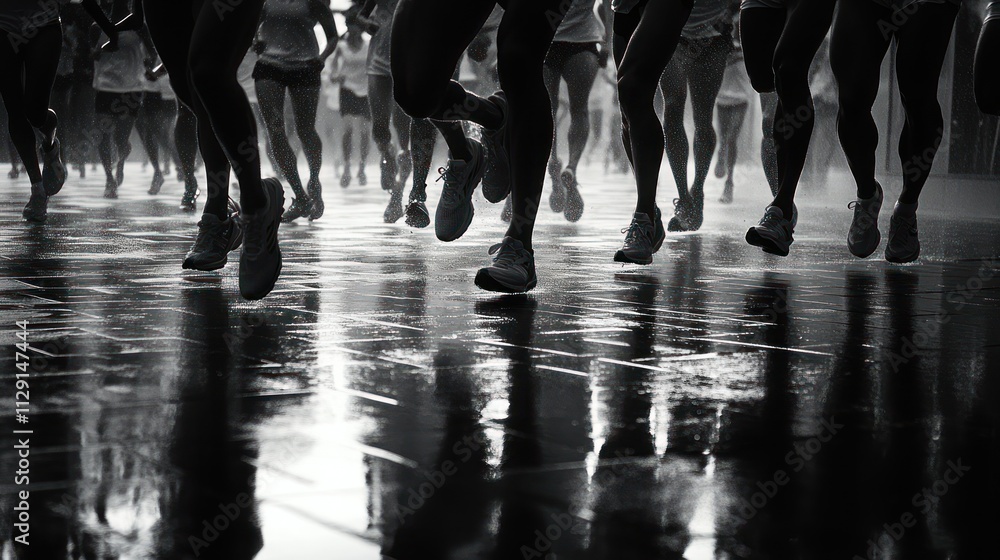 Poster runners in motion, creating dynamic reflections on a wet surface.