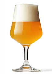 A Refreshing Glass of Golden Beer with Foam Served in an Elegant Tulip Glass Isolated Against a Clean White Background Perfect for Beverage Advertising