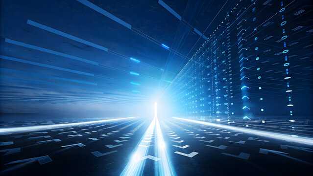 Abstract blue arrows and binary code representing digital data flow