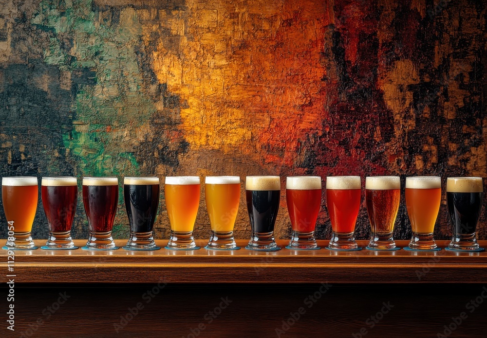 Poster a stunning array of craft beers displayed in a row on a wooden bar with a colorful abstract backgrou