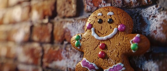gingerbread cookie with colorful decorations on a rustic background
