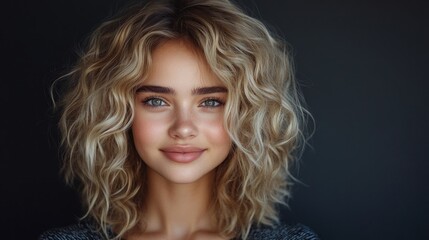 Close-up portrait of a young woman with blonde, curly hair and blue eyes, smiling gently against a dark background.
