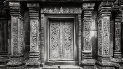 Fototapeta premium A black and white shot of an old, heavy temple door, decorated with faded carvings.