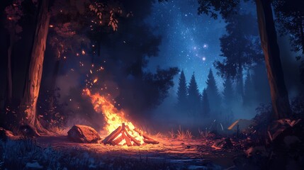 Naklejka premium A blazing bonfire crackles in a campsite, flames reaching up to the stars, with a warm glow spreading across the quiet, dark forest