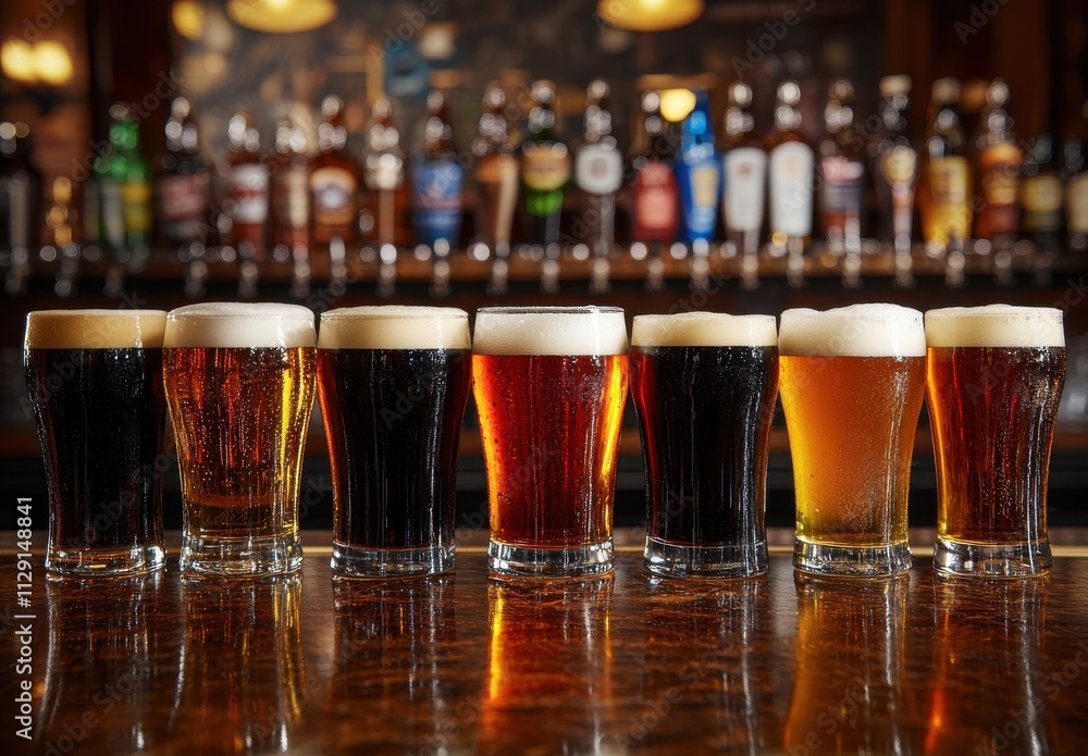 Poster a wide array of craft beers displayed on a bar counter surrounded by bottles in a cozy pub atmospher