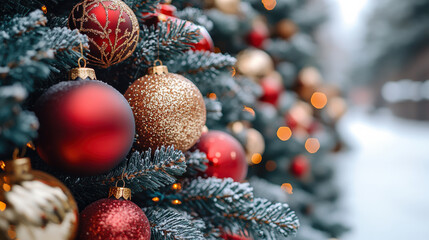 Beautifully decorated Christmas tree adorned with red and gold ornaments, creating festive atmosphere. shimmering lights and snow enhance holiday spirit