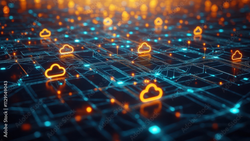 Poster abstract cloud computing concept with orange and blue lights representing data transmission and netw