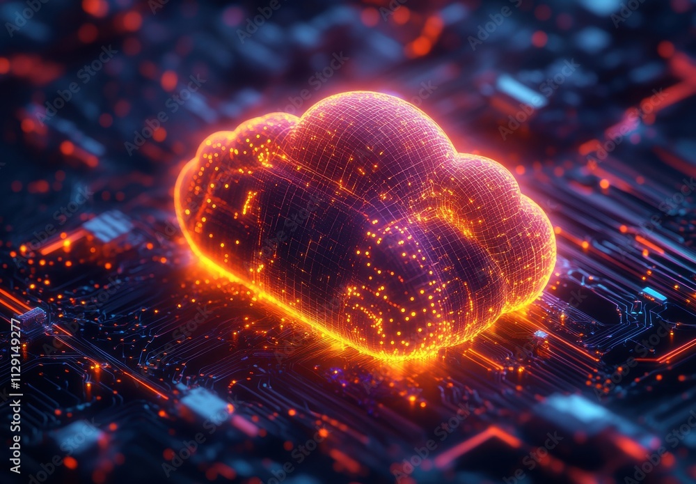 Poster abstract depiction of a glowing cloud symbolizing digital data storage and connectivity on a futuris