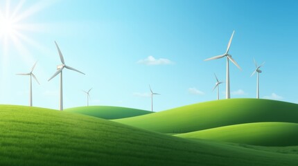 Fototapeta premium A close-up aerial view of a wind turbine situated on lush green hills under a bright blue sky, showcasing the integration of renewable energy and sustainable technology. 