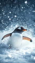 Fototapeta premium A playful penguin in a snowy landscape, surrounded by falling snowflakes.