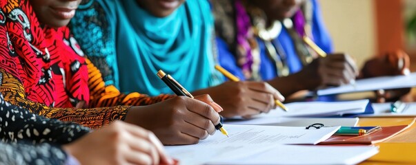 A vibrant group of individuals engaged in writing and collaborating, showcasing cultural diversity and creativity in their expressions.
