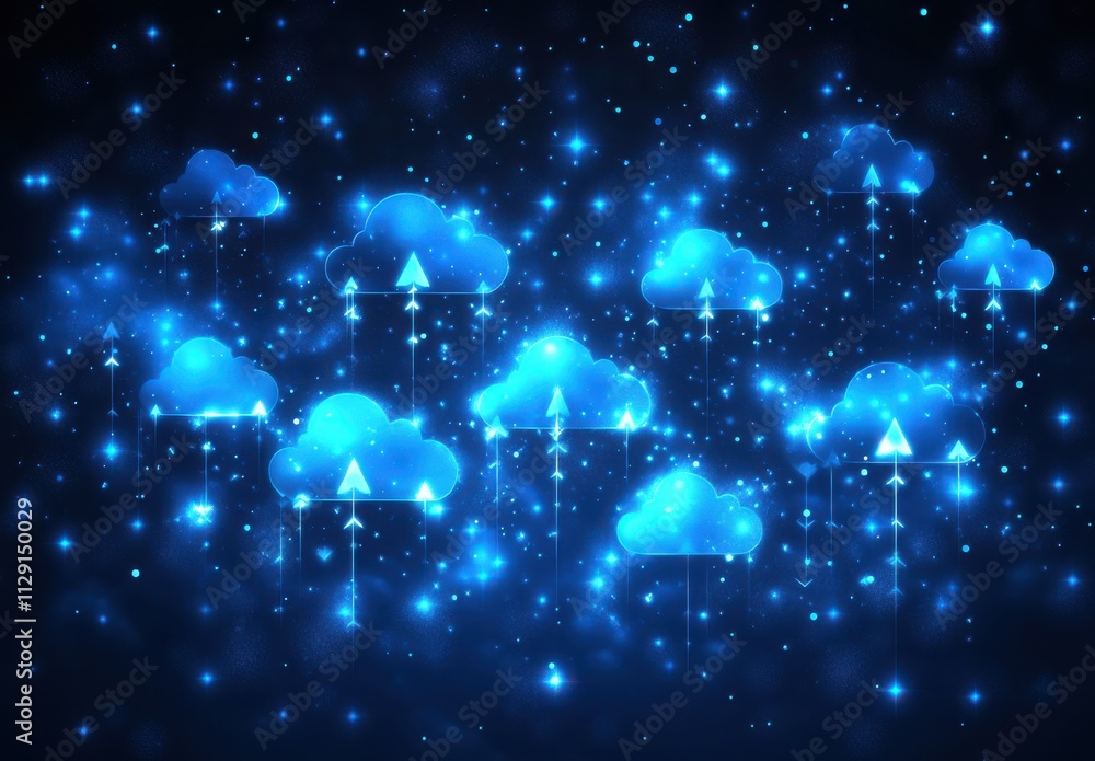 Poster abstract digital cloud formations representing data transfer with glowing effects and vibrant blue c