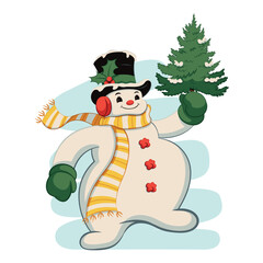 Vector Snowman With Tree Christmas Scarf Hat Cartoon Illustration Isolated