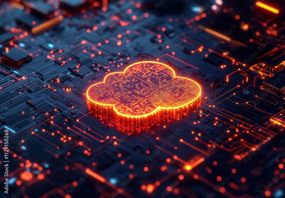 Poster abstract digital cloud storage concept with glowing circuitry design in vibrant orange and blue tone