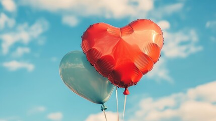 A heart-shaped balloon bouquet floating against a blue sky
