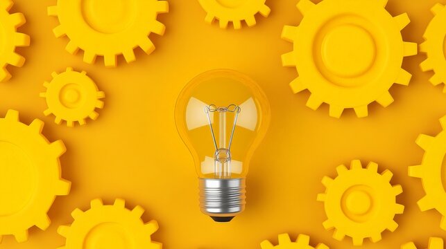 Illuminating Ideas:  A lightbulb glows brightly amidst a vibrant array of cogs, symbolizing innovation, ingenuity, and the mechanics of brilliant ideas.