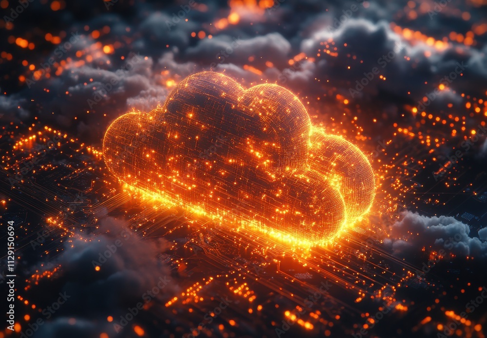Poster abstract digital illustration of a glowing cloud formation created from glowing particles representi