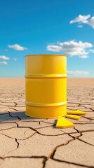 Naklejka premium Nuclear waste barrel on cracked earth, symbolic of environmental responsibility