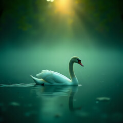 A graceful white swan is captured in motion, gliding across a tranquil body of water, with a greenish-blue hue and a warm, golden glow from the sun peeking through the trees in the background.