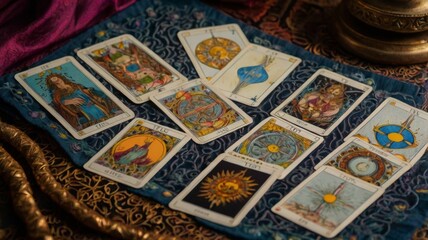 Fototapeta premium A beautifully illustrated tarot card spread laid out on a mystical cloth, showcasing various cards with intricate designs and symbolism, ideal for tarot reading and spiritual guidance promotions