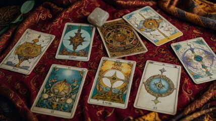 A beautifully illustrated tarot card spread laid out on a mystical cloth, showcasing various cards with intricate designs and symbolism, ideal for tarot reading and spiritual guidance promotions
