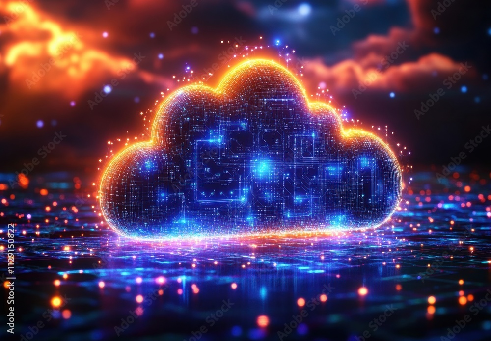 Poster abstract digital representation of a glowing cloud symbol illustrating data storage, cloud computing