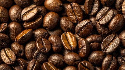 Fototapeta premium A close-up view of roasted coffee beans, showcasing their rich texture and deep brown color, ideal for coffee lovers and enthusiasts. 