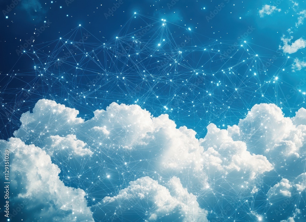 Poster abstract digital sky with clouds and connections in a bright blue atmosphere displaying a blend of n