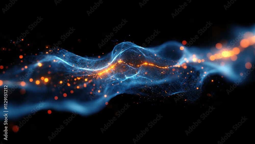 Poster abstract flow of luminous particles and ethereal light strands in vibrant blue and orange hues creat