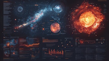 A stunning cosmic infographic showcasing galaxies, stars, and celestial data with vibrant colors and intricate details, illustrating the beauty of the universe.