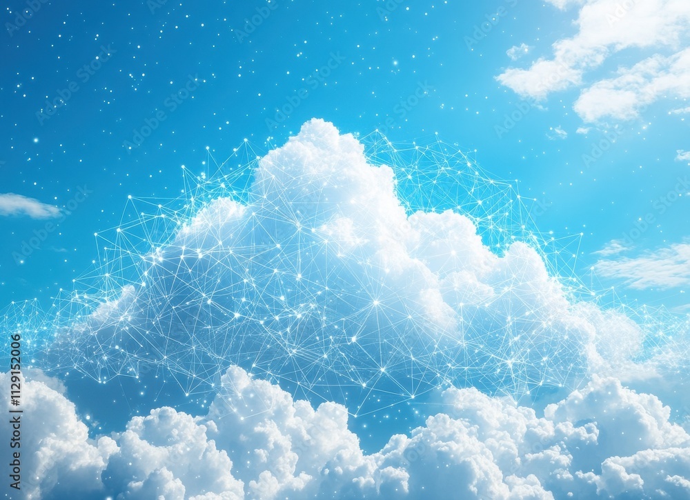Poster abstract representation of technology and nature intermingled, featuring a colorful cloud forming a 