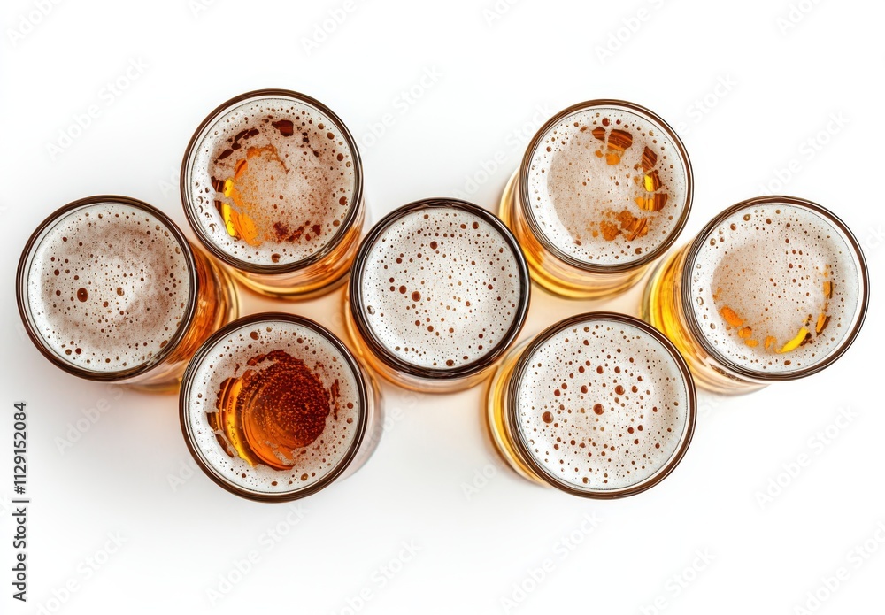 Poster aerial view of multiple beer glasses with foam on top arranged in a creative pattern against a white